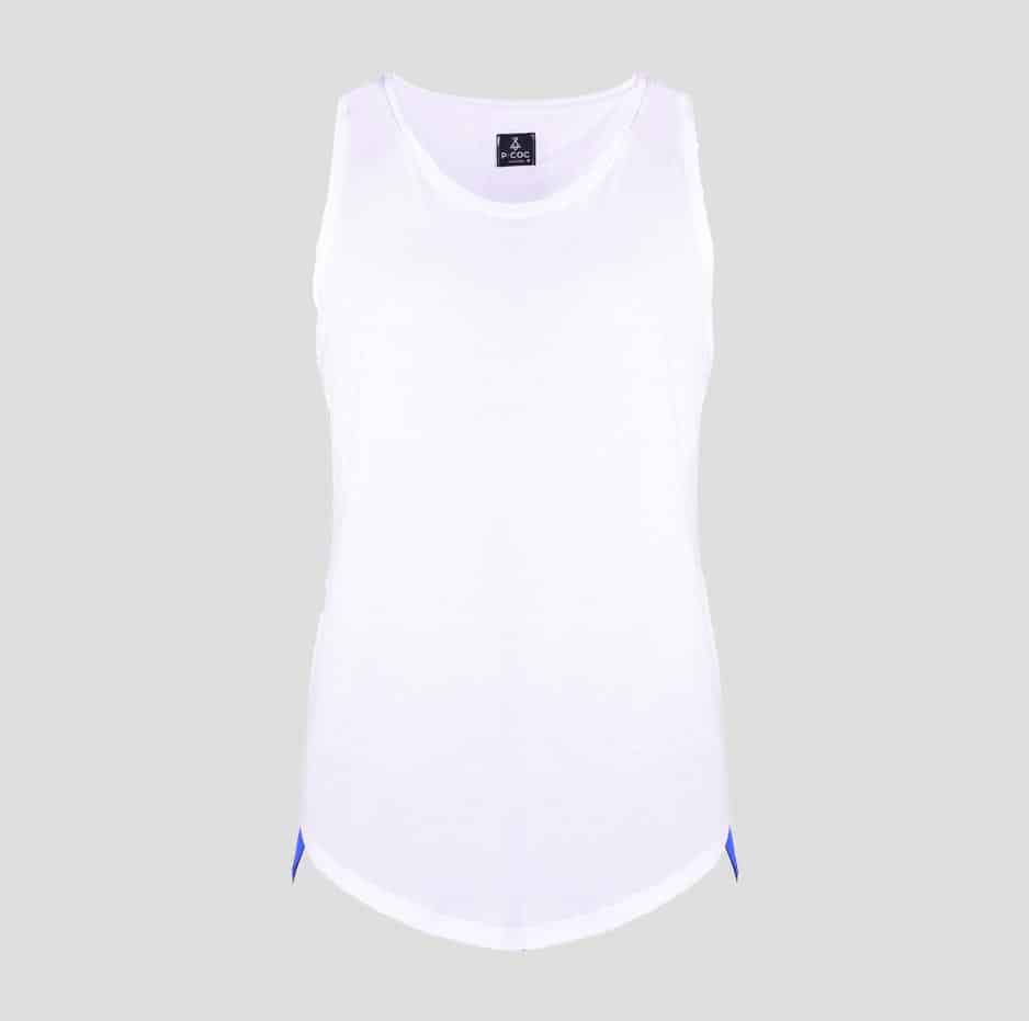 White sleeveless t-shirt with P/COC tape sideways