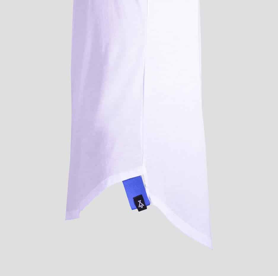 White sleeveless t-shirt with P/COC tape sideways