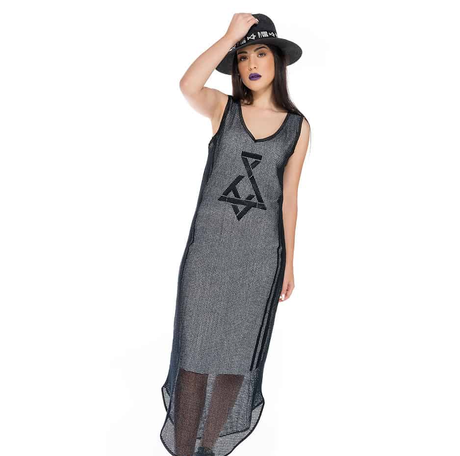 Sleeveless maxi dress with transparent details and P/COC logo in front
